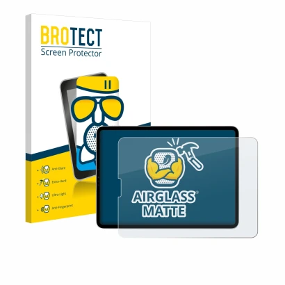 Face avant d’un emballage produit avec le logo de la marque BROTECT. À côté, l’appareil Apple iPad Pro 11" 2022 (en paysage) e