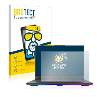 Face avant d’un emballage produit avec le logo de la marque BROTECT. À côté, l’appareil ASUS ROG Strix G18 G814 2023 est repré