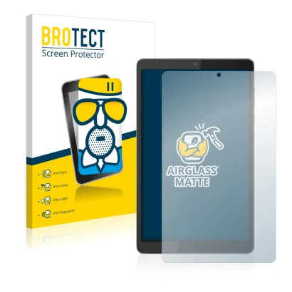 Face avant d’un emballage produit avec le logo de la marque BROTECT. À côté, l’appareil Lenovo Tab M8 (4ème Gen.) est représen