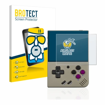 Face avant d’un emballage produit avec le logo de la marque BROTECT. À côté, l’appareil Miyoo Mini Plus est représenté avec la