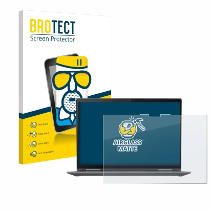 Face avant d’un emballage produit avec le logo de la marque BROTECT. À côté, l’appareil Lenovo ThinkPad X1 Yoga Gen 8 14" est 