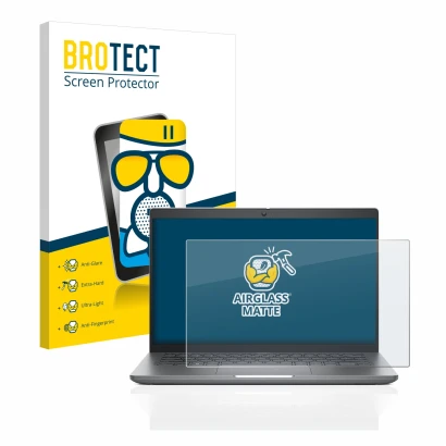 Face avant d’un emballage produit avec le logo de la marque BROTECT. À côté, l’appareil Dell Latitude 5440 est représenté avec