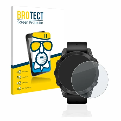 Face avant d’un emballage produit avec le logo de la marque BROTECT. À côté, l’appareil Garmin Epix Pro (Gen 2) (47 mm) est re