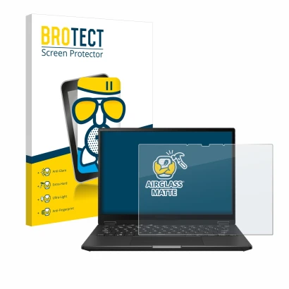 Face avant d’un emballage produit avec le logo de la marque BROTECT. À côté, l’appareil ASUS ROG Flow X13 2023 est représenté 