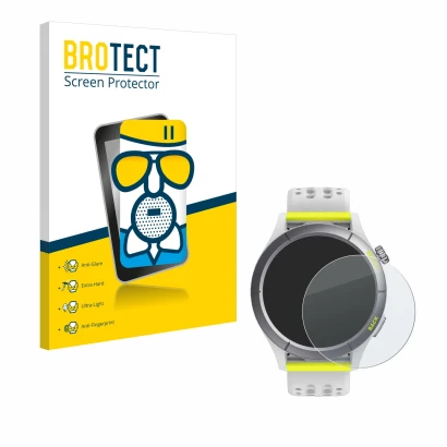 Face avant d’un emballage produit avec le logo de la marque BROTECT. À côté, l’appareil Huami Amazfit Cheetah est représenté a