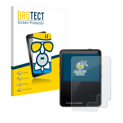 Face avant d’un emballage produit avec le logo de la marque BROTECT. À côté, l’appareil HifiWalker H2 touch est représenté ave