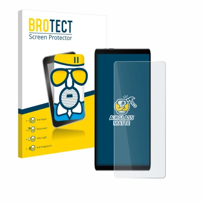 Face avant d’un emballage produit avec le logo de la marque BROTECT. À côté, l’appareil Samsung Galaxy Tab S9 FE est représent