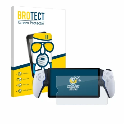 Face avant d’un emballage produit avec le logo de la marque BROTECT. À côté, l’appareil Sony Playstation Portal est représenté