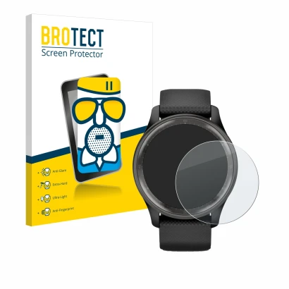 Face avant d’un emballage produit avec le logo de la marque BROTECT. À côté, l’appareil Garmin Vivomove Trend est représenté a