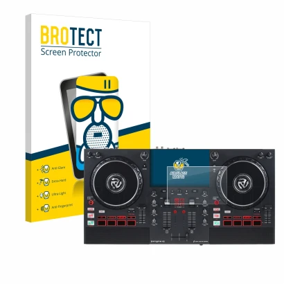 Face avant d’un emballage produit avec le logo de la marque BROTECT. À côté, l’appareil Numark Mixstream Pro+ est représenté a