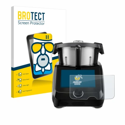 Face avant d’un emballage produit avec le logo de la marque BROTECT. À côté, l’appareil SilverCrest Monsieur Cuisine Smart BLA