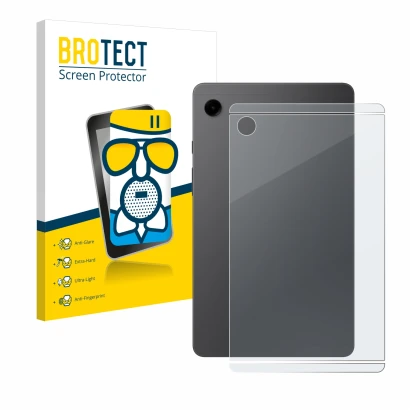 Face avant d’un emballage produit avec le logo de la marque BROTECT. À côté, l’appareil Samsung Galaxy Tab A9 WiFi (Arrière) e