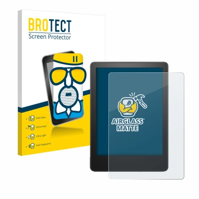 Face avant d’un emballage produit avec le logo de la marque BROTECT. À côté, l’appareil Amazon Kindle Paperwhite 2023 (11ème G