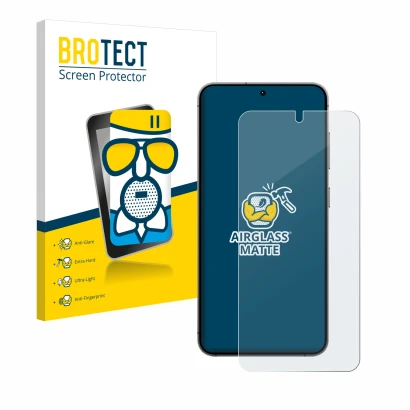 Face avant d’un emballage produit avec le logo de la marque BROTECT. À côté, l’appareil Samsung Galaxy S24 est représenté avec