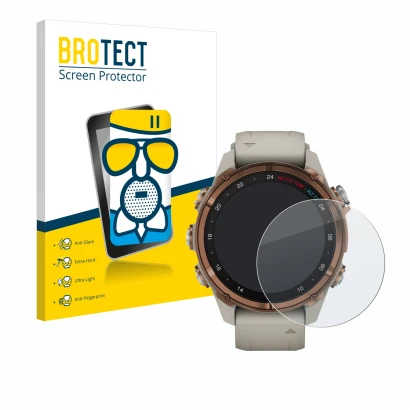 Face avant d’un emballage produit avec le logo de la marque BROTECT. À côté, l’appareil Garmin Descent Mk3 (43 mm) est représe