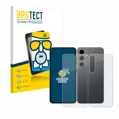 Face avant d’un emballage produit avec le logo de la marque BROTECT. À côté, l’appareil Samsung Galaxy S24 (Avant+Arrière) est
