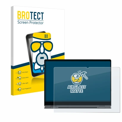 Face avant d’un emballage produit avec le logo de la marque BROTECT. À côté, l’appareil Samsung Galaxy Book4 Pro 360 16" est r