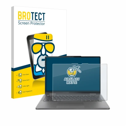 Face avant d’un emballage produit avec le logo de la marque BROTECT. À côté, l’appareil Lenovo Yoga 7 2-in-1 Gen 9 14