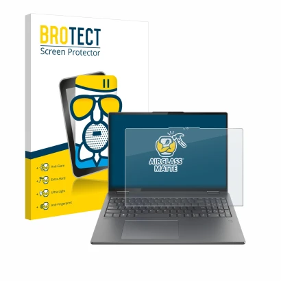 Face avant d’un emballage produit avec le logo de la marque BROTECT. À côté, l’appareil Lenovo Yoga 7i 2-in-1 Gen 9 16" est re