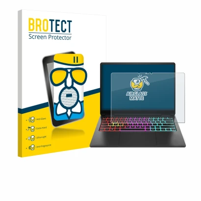 Face avant d’un emballage produit avec le logo de la marque BROTECT. À côté, l’appareil HP Omen Transcend 14 est représenté av