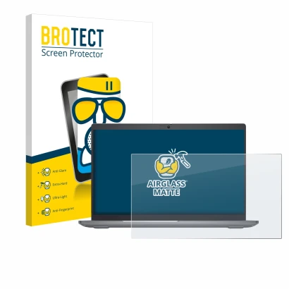 Face avant d’un emballage produit avec le logo de la marque BROTECT. À côté, l’appareil Dell Latitude 5550 Laptop est représen