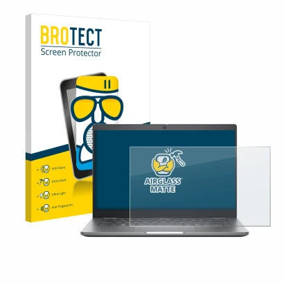 Face avant d’un emballage produit avec le logo de la marque BROTECT. À côté, l’appareil Dell Latitude 5350 Laptop est représen