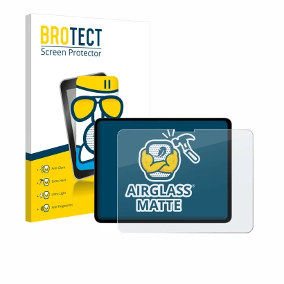 Face avant d’un emballage produit avec le logo de la marque BROTECT. À côté, l’appareil Apple iPad Pro 13" 2024 (en paysage) e