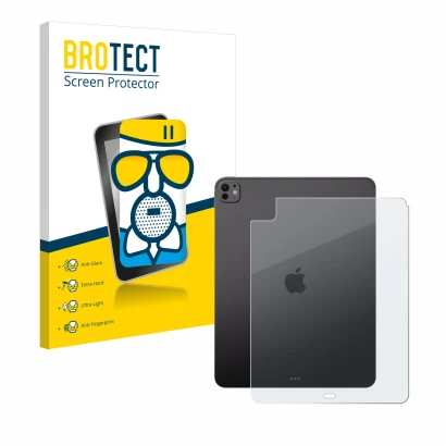 Face avant d’un emballage produit avec le logo de la marque BROTECT. À côté, l’appareil Apple iPad Pro 13" 2024 (Arrière) est