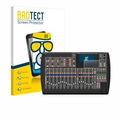 Face avant d’un emballage produit avec le logo de la marque BROTECT. À côté, l’appareil Behringer X32 est représenté avec la p