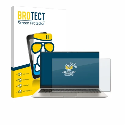 Face avant d’un emballage produit avec le logo de la marque BROTECT. À côté, l’appareil ASUS ZenBook 15 OLED UM3504 est représ