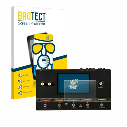 Face avant d’un emballage produit avec le logo de la marque BROTECT. À côté, l’appareil Headrush Core est représenté avec la p