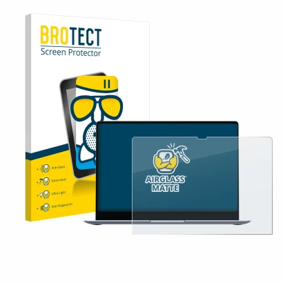 Face avant d’un emballage produit avec le logo de la marque BROTECT. À côté, l’appareil Samsung Galaxy Book4 Edge 14