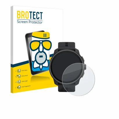 Face avant d’un emballage produit avec le logo de la marque BROTECT. À côté, l’appareil Suunto Race S est représenté avec la p