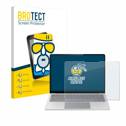 Face avant d’un emballage produit avec le logo de la marque BROTECT. À côté, l’appareil Microsoft Surface Laptop 7 13.8