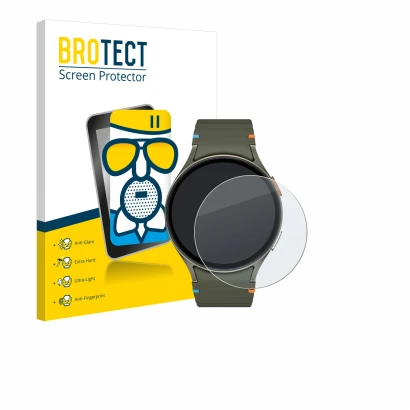 Face avant d’un emballage produit avec le logo de la marque BROTECT. À côté, l’appareil Samsung Galaxy Watch 7 (44 mm) est rep