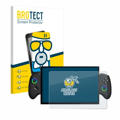 Face avant d’un emballage produit avec le logo de la marque BROTECT. À côté, l’appareil OneXPlayer X1 est représenté avec la p