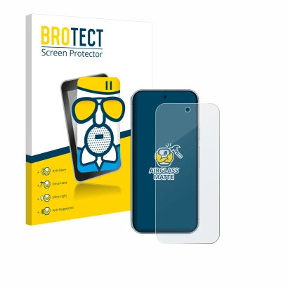 Face avant d’un emballage produit avec le logo de la marque BROTECT. À côté, l’appareil Google Pixel 9 est représenté avec la 