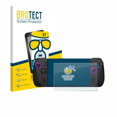 Face avant d’un emballage produit avec le logo de la marque BROTECT. À côté, l’appareil ASUS ROG Ally X (2024) est représenté 