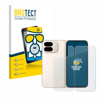Face avant d’un emballage produit avec le logo de la marque BROTECT. À côté, l’appareil Google Pixel 9 Pro Fold (Avant+Arrière
