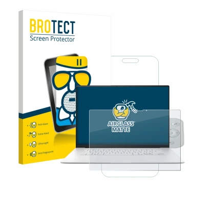 Face avant d’un emballage produit avec le logo de la marque BROTECT. À côté, l’appareil ASUS ZenBook S 16 est représenté avec 