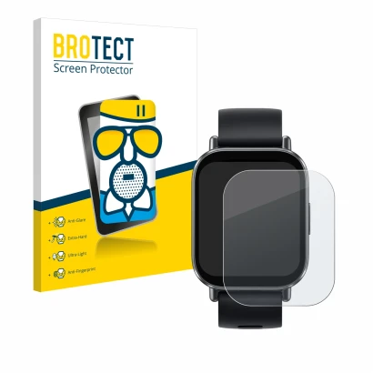 Face avant d’un emballage produit avec le logo de la marque BROTECT. À côté, l’appareil Xiaomi Redmi Watch 5 Active est représ