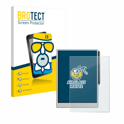 Face avant d’un emballage produit avec le logo de la marque BROTECT. À côté, l’appareil reMarkable Paper Pro est représenté av
