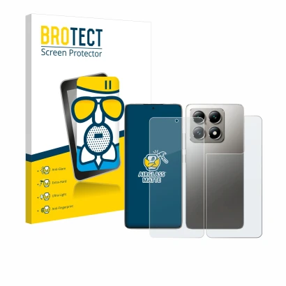 Face avant d’un emballage produit avec le logo de la marque BROTECT. À côté, l’appareil Xiaomi 14T Pro (Avant+Arrière) est rep