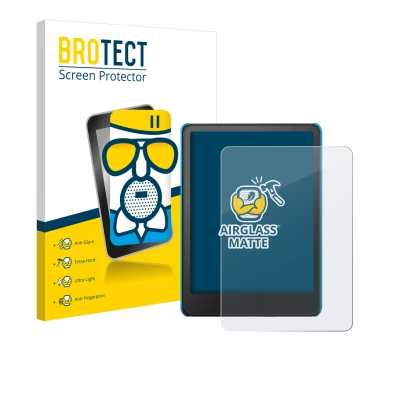 Face avant d’un emballage produit avec le logo de la marque BROTECT. À côté, l’appareil Amazon Kindle Paperwhite Kids 2024 est