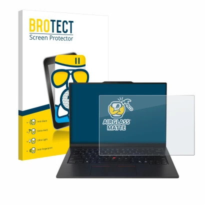 Face avant d’un emballage produit avec le logo de la marque BROTECT. À côté, l’appareil Lenovo ThinkPad X1 Carbon Gen 13 14