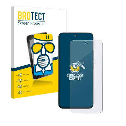 Face avant d’un emballage produit avec le logo de la marque BROTECT. À côté, l’appareil Xiaomi 15 est représenté avec la prote