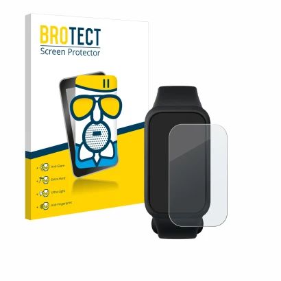 Face avant d’un emballage produit avec le logo de la marque BROTECT. À côté, l’appareil Xiaomi Smart Band 9 Active est représe