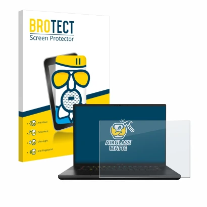 Face avant d’un emballage produit avec le logo de la marque BROTECT. À côté, l’appareil Razer Blade 16 2024 est représenté ave