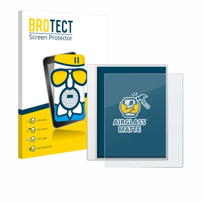 Face avant d’un emballage produit avec le logo de la marque BROTECT. À côté, l’appareil Boox Note Max est représenté avec la p