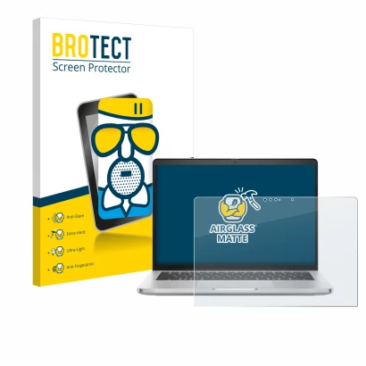 Face avant d’un emballage produit avec le logo de la marque BROTECT. À côté, l’appareil Dell Pro 14 Plus 2-in-1 PB14250 est re